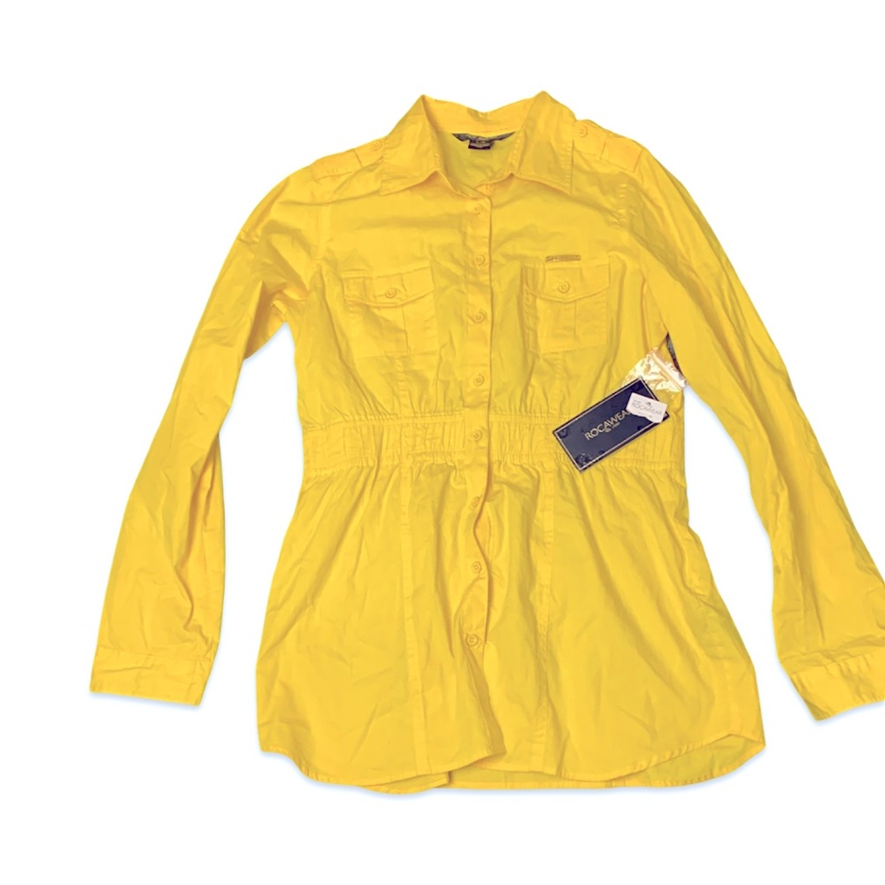 NWT rocawear Bright Yellow Button-Front Utility Shirt nipped elasticicized waist
